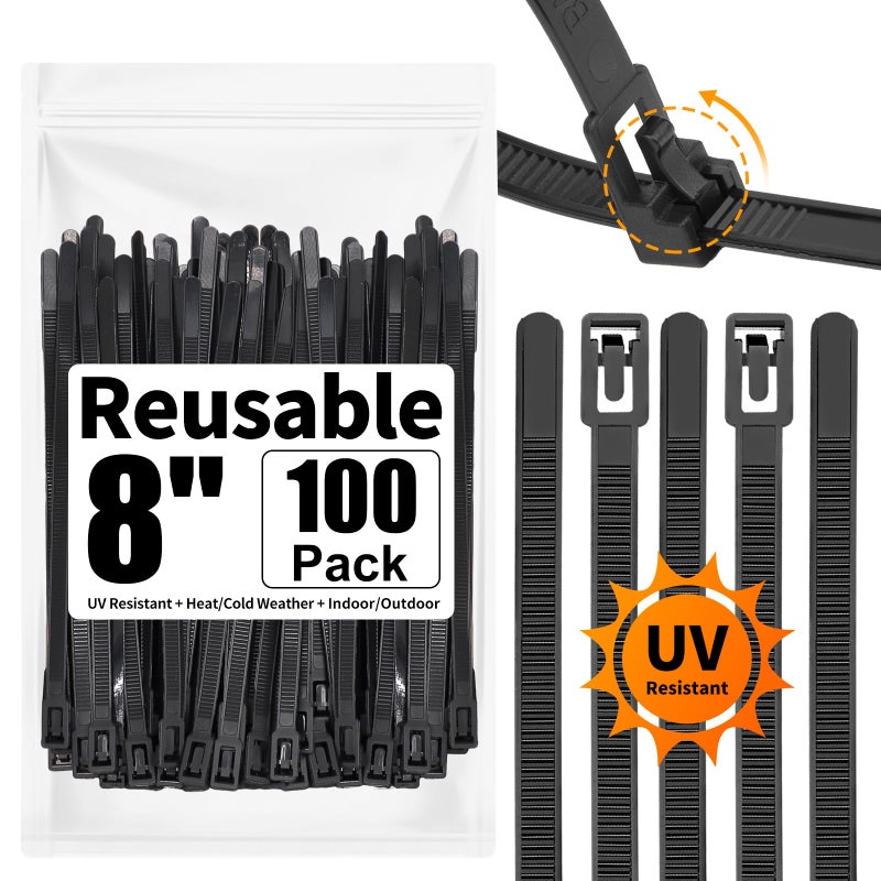 SOOOEC 100 Pack Reusable Zip Ties 8 Inch Heavy Duty Outdoor UV Resistant, Releasable Black Zip Ties Heavy Duty Indoor Round Ending No Hurt, Cable Ties Reusable Tie Wraps Non Slip Off - Image 1